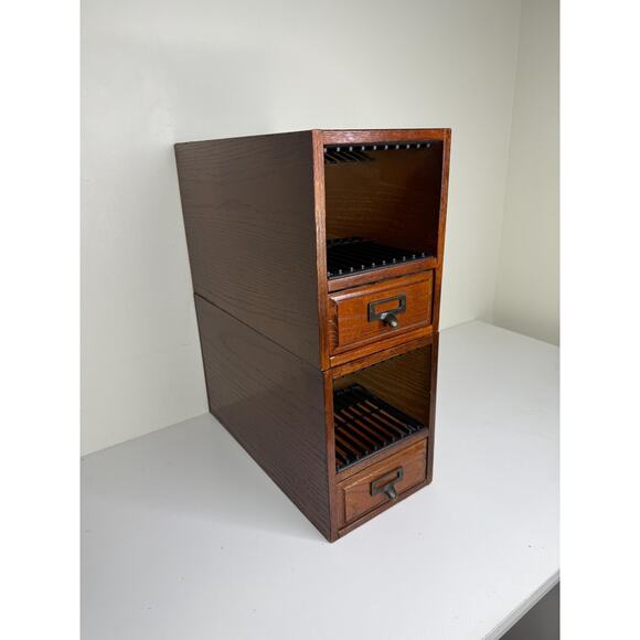 Vintage Library Card Catalog Pair Set Lot Of 2, Stackable Wood Brass Cabinet - Picture 3 of 10